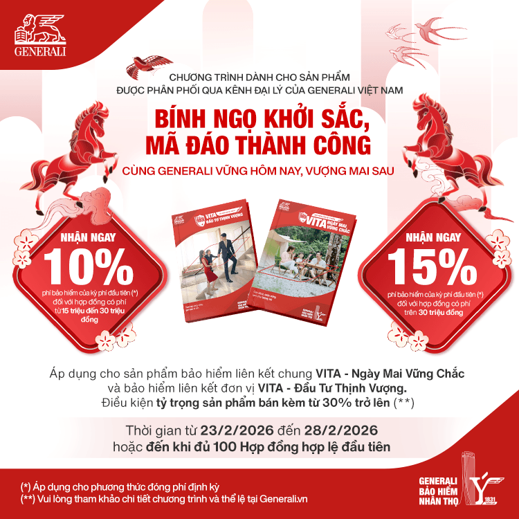 Thể lệ chương trình khuyến mãi “Bính Ngọ Khởi Sắc, Mã Đáo Thành Công – Cùng Generali Vững Hôm Nay, Vượng Mai Sau” 