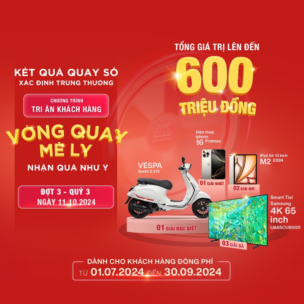 Công bố kết quả trúng thưởng Chương trình Tri ân Khách hàng 2024 "Vòng quay mê ly - Nhận quà như ý" - Quý 3